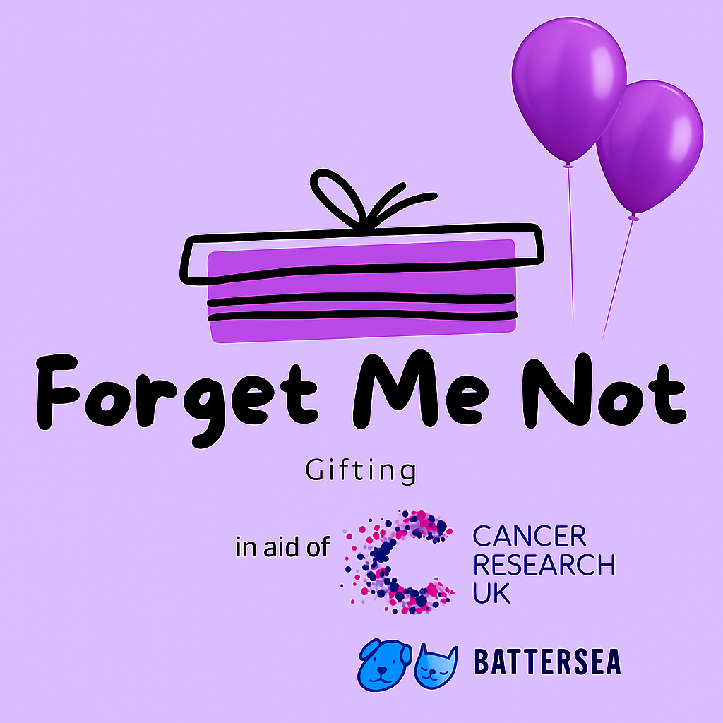 Purple background with 'Forget Me Not Gifting' logo, balloons, and charity logos for Cancer Research UK and Battersea.