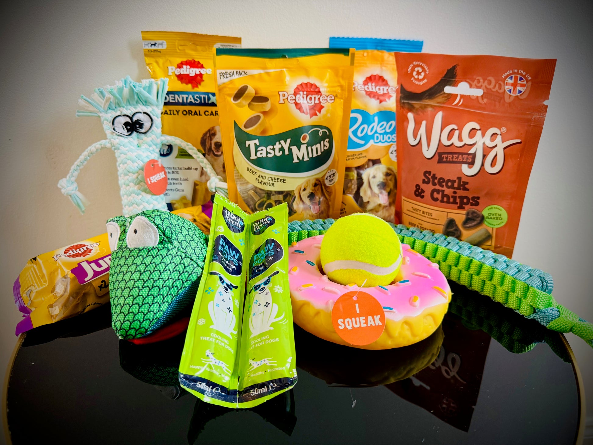 Assorted Dog products including toys and treats birthday gift box with a handwritten card £30