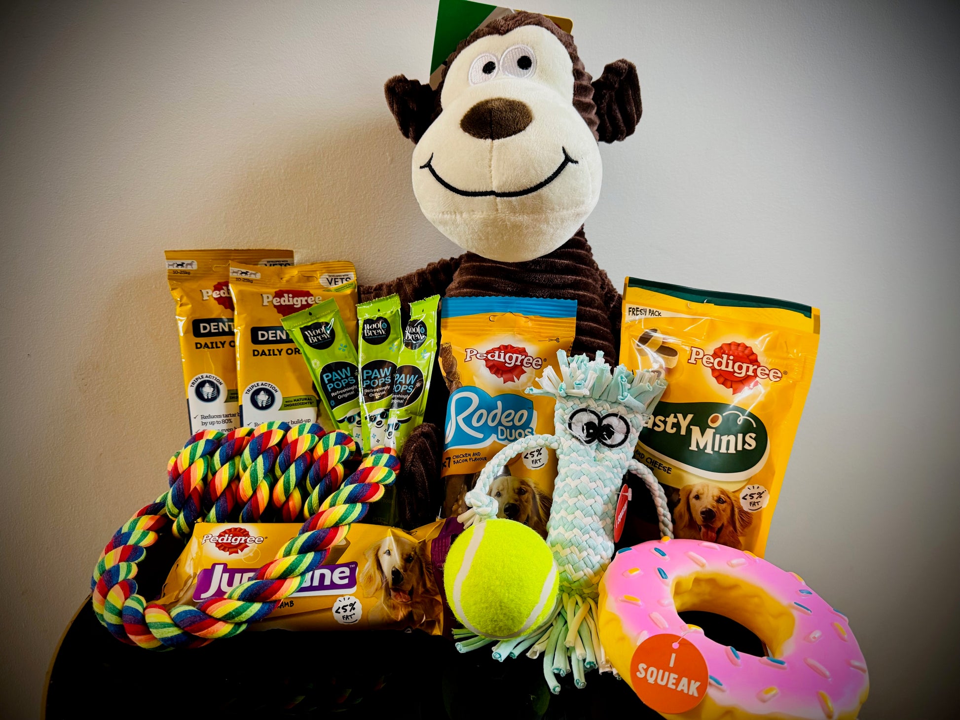 Assorted Dog products including toys and treats birthday gift box with a handwritten card £50