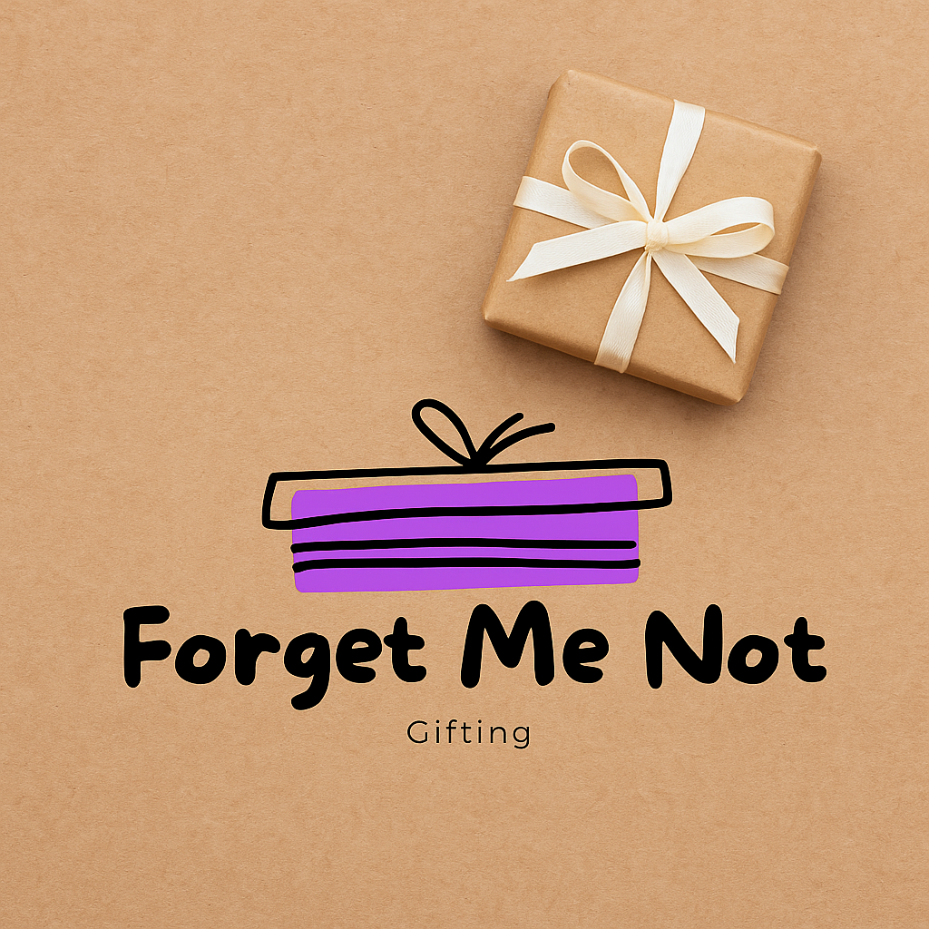 Gift box with a bow on a brown background, featuring the 'Forget Me Not Gifting' logo.