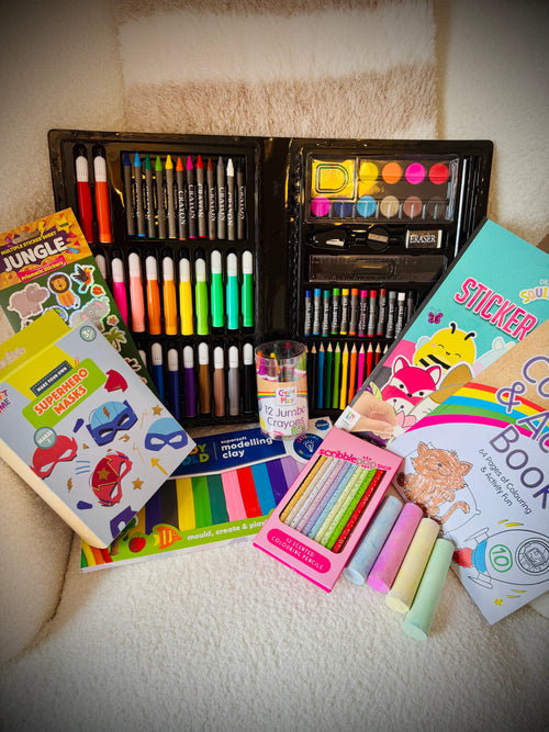 Kids arts and crafts birthday gift box with supplies and a handwritten card £50