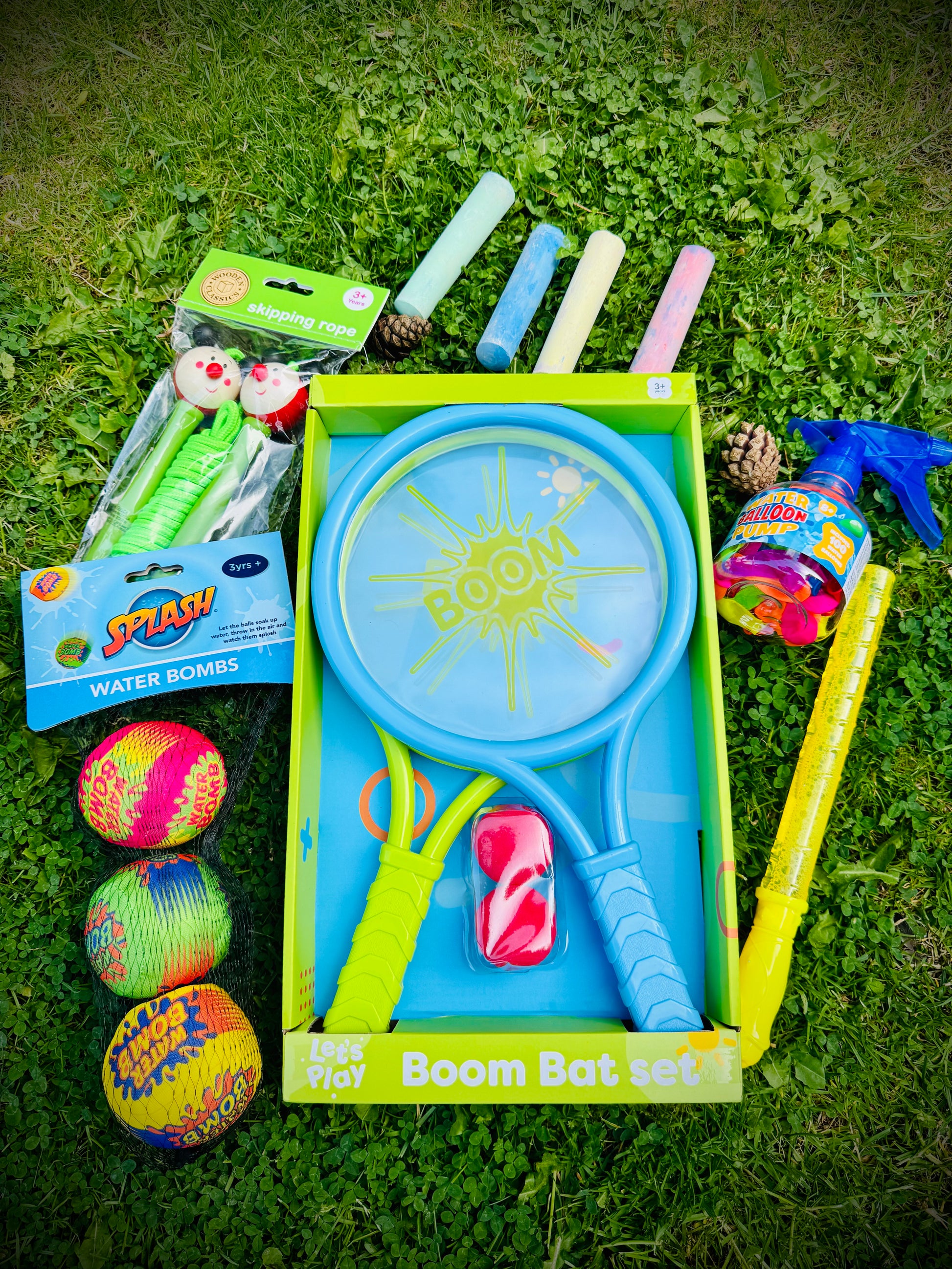 Kids outdoor toys in a birthday gift box with a handwritten card £20