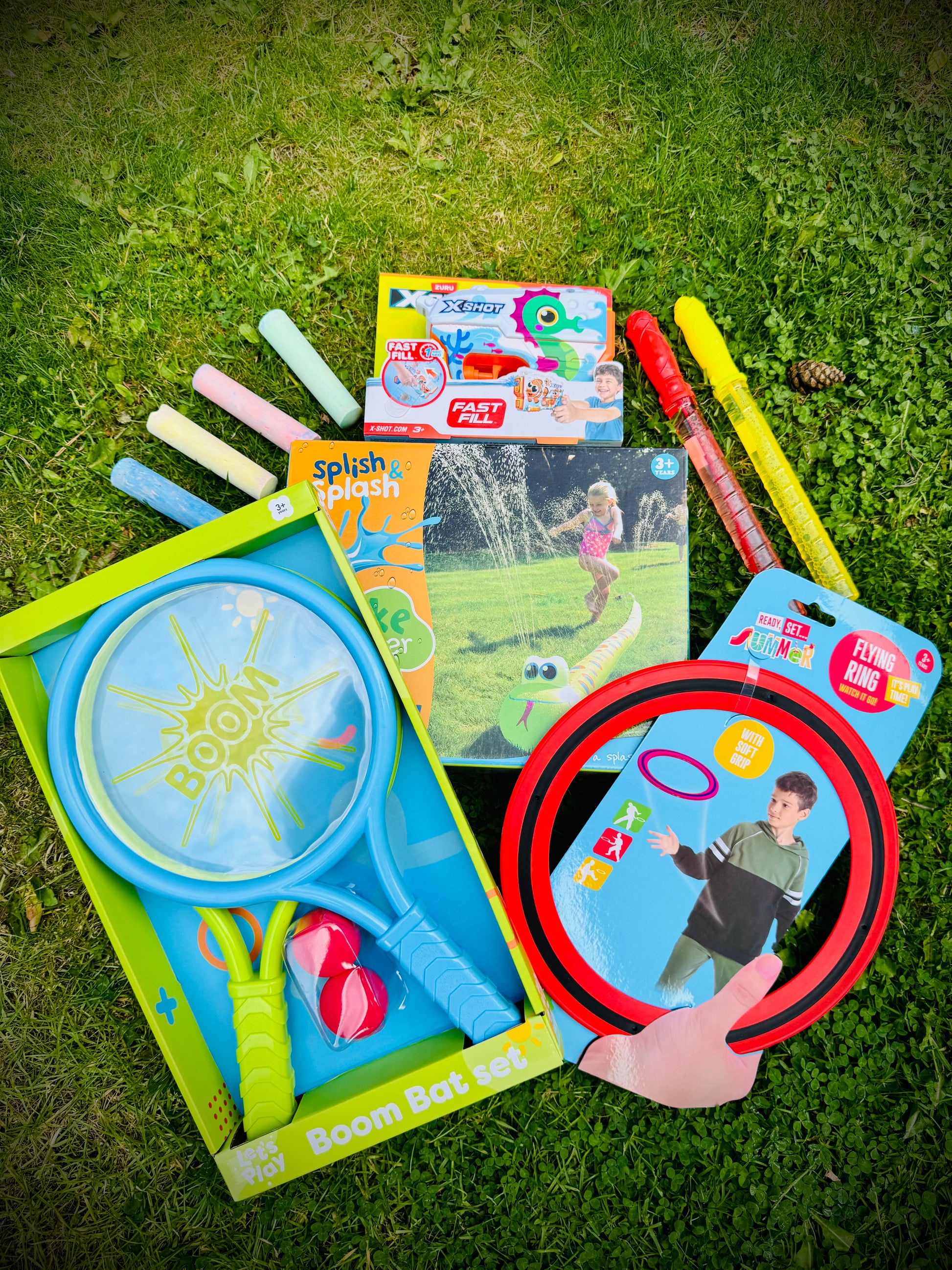 Kids outdoor toys in a birthday gift box with a handwritten card £30
