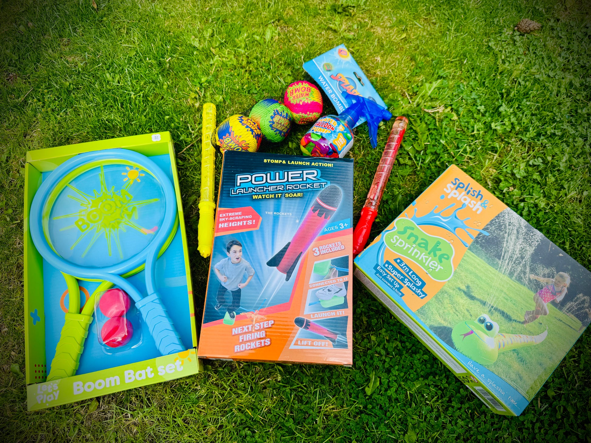 Kids outdoor toys in a birthday gift box with a handwritten card £50