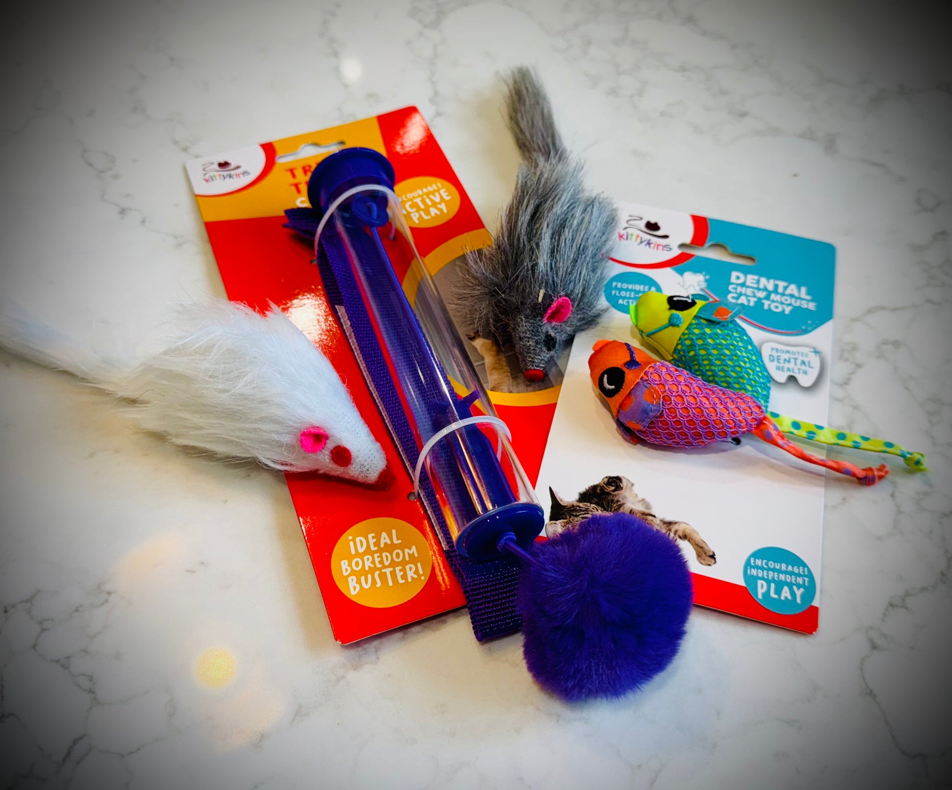 Assorted cat treats and toys with Dreamies packaging in a gift box with a handwritten card £20