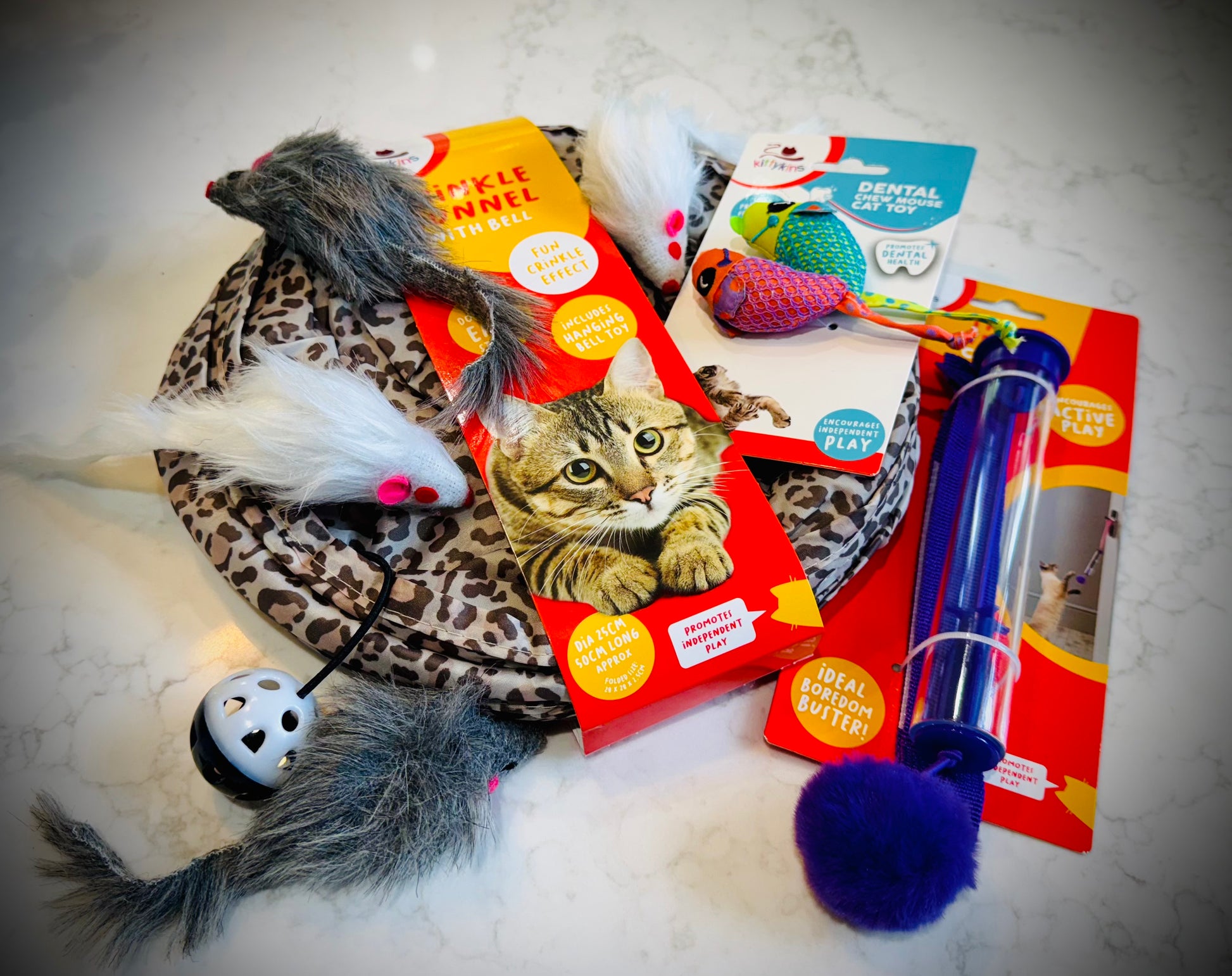 Assorted cat treats and toys with Dreamies packaging in a gift box with a handwritten card £30