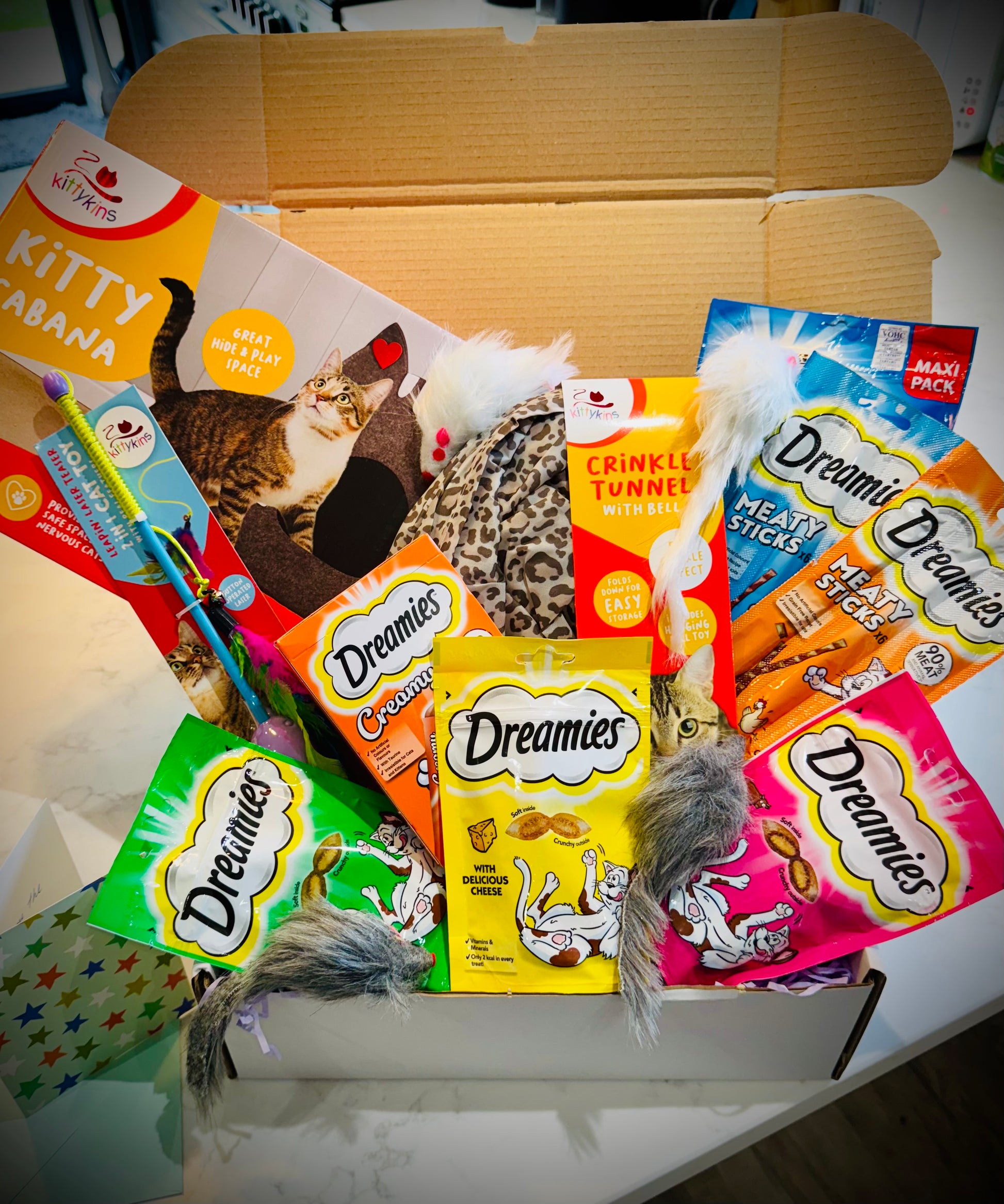 Assorted cat treats and toys with Dreamies packaging in a gift box with a handwritten card £50