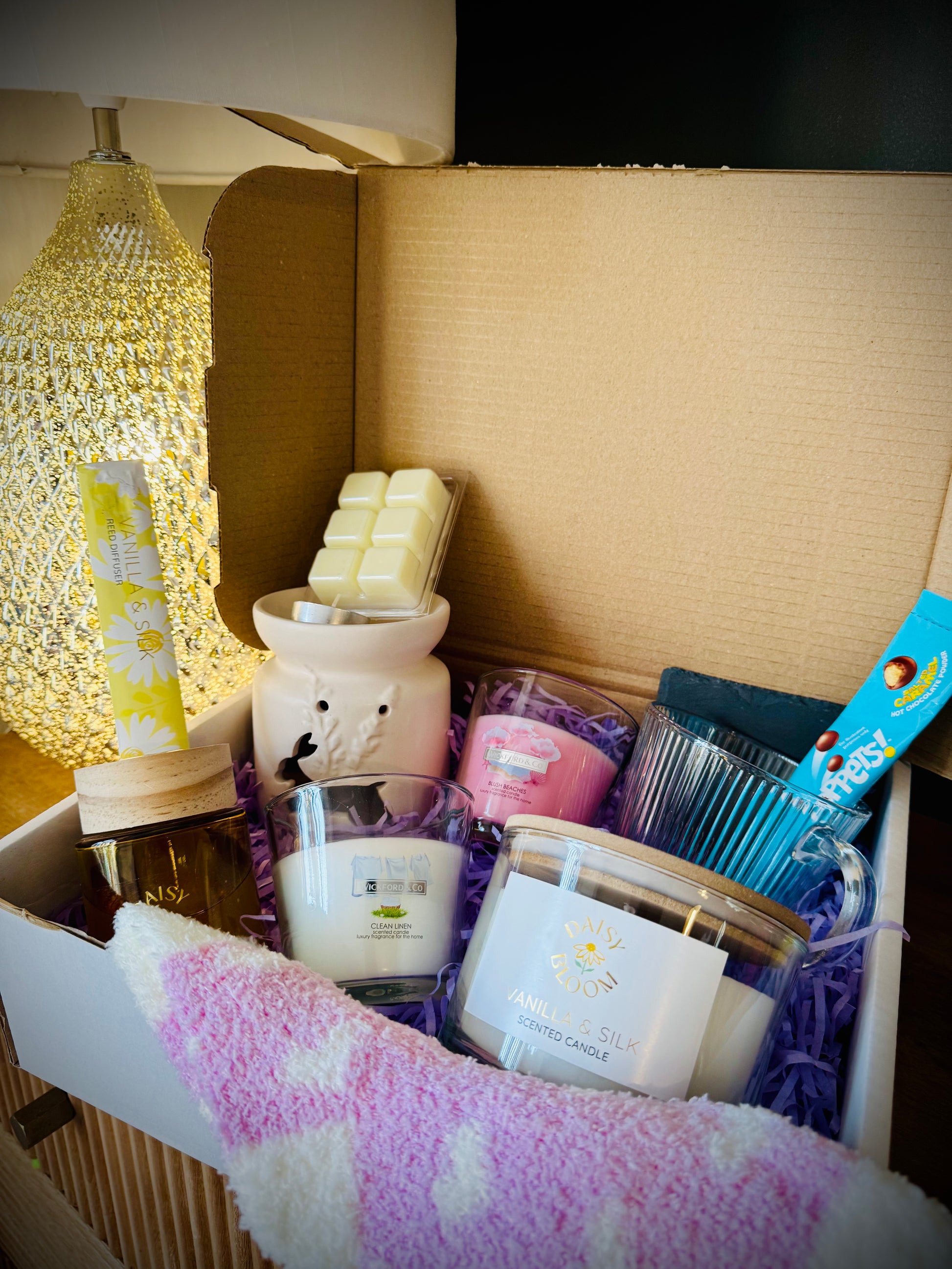 wax melts, candles and luxury home products in a gift box with a handwritten card £30