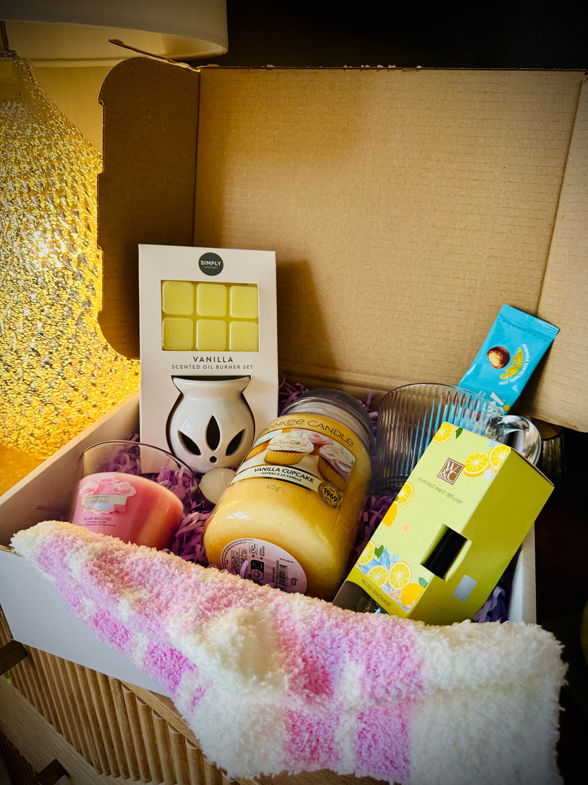 wax melts, candles and luxury home products in a gift box with a handwritten card £50