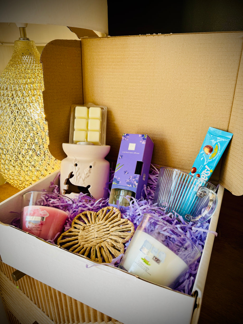 wax melts, candles and luxury home products in a gift box with a handwritten card £20