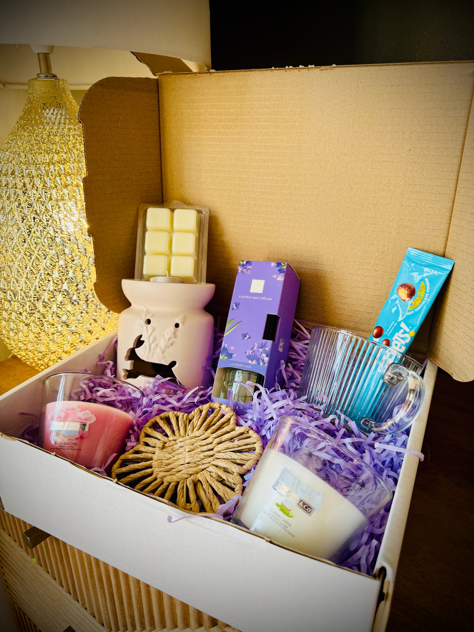 wax melts, candles and luxury home products in a gift box with a handwritten card £20