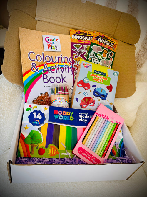 Kids arts and crafts birthday gift box with supplies and a handwritten card £20