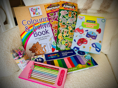 Kids arts and crafts birthday gift box with supplies and a handwritten card £20