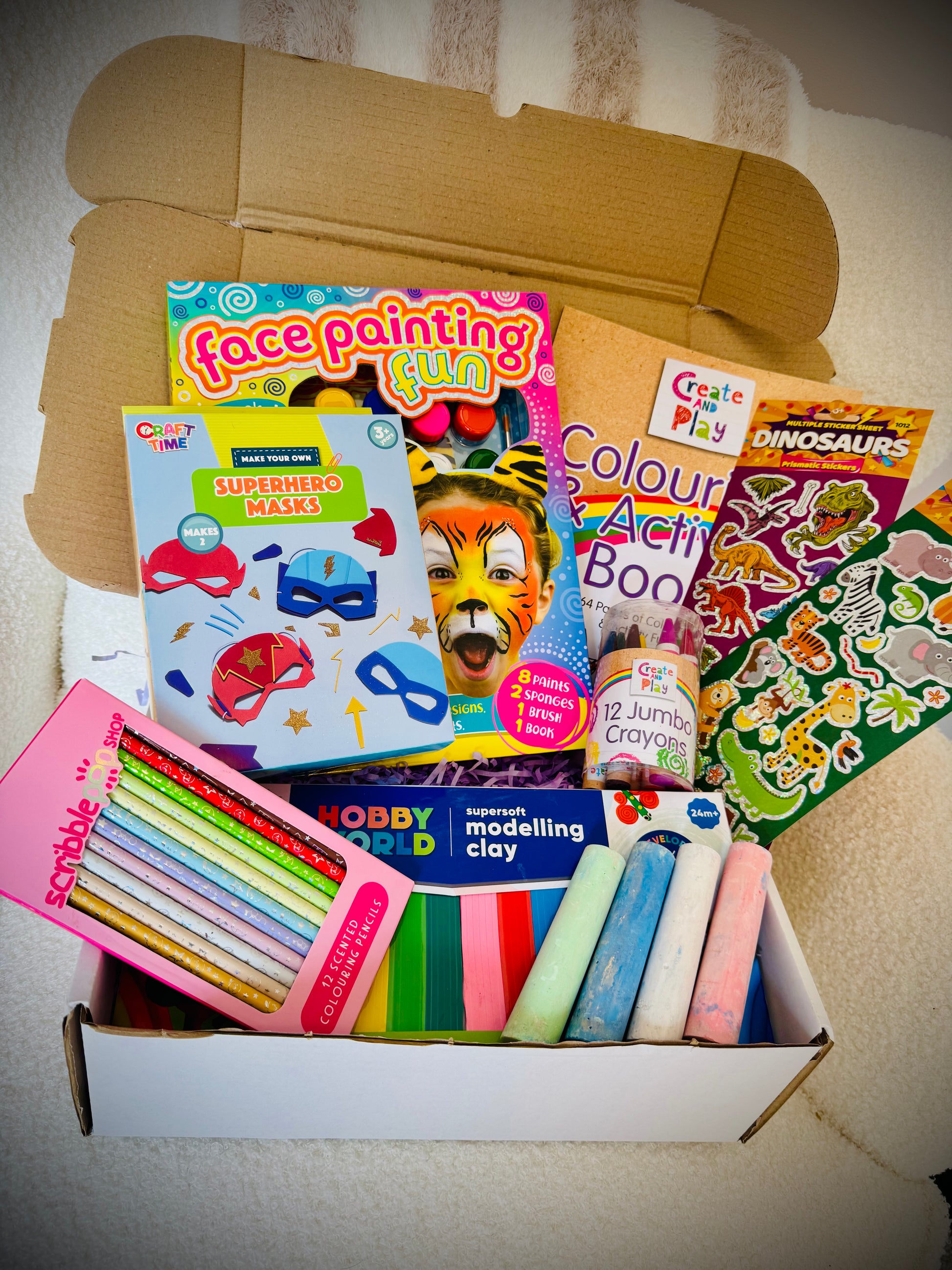 Kids arts and crafts birthday gift box with supplies and a handwritten card £30