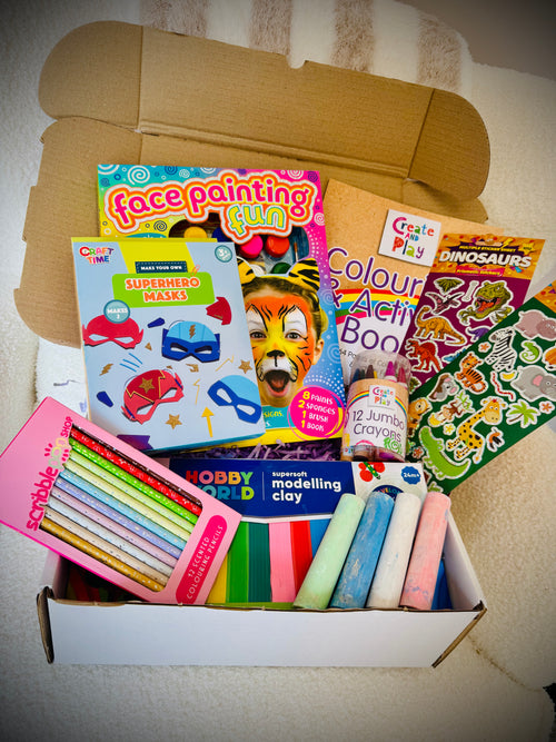 Kids arts and crafts birthday gift box with supplies and a handwritten card £30